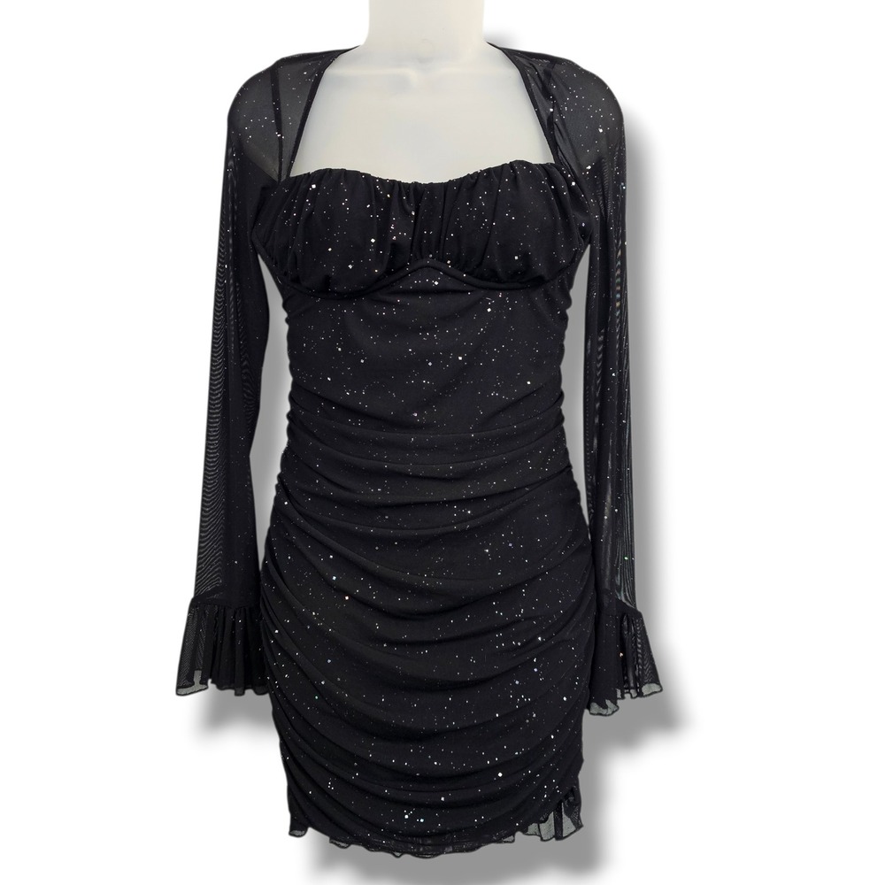 Black Mini Dress M Glitter Ruched Mesh Bodycon Cocktail Dressy Sparkly Celestial